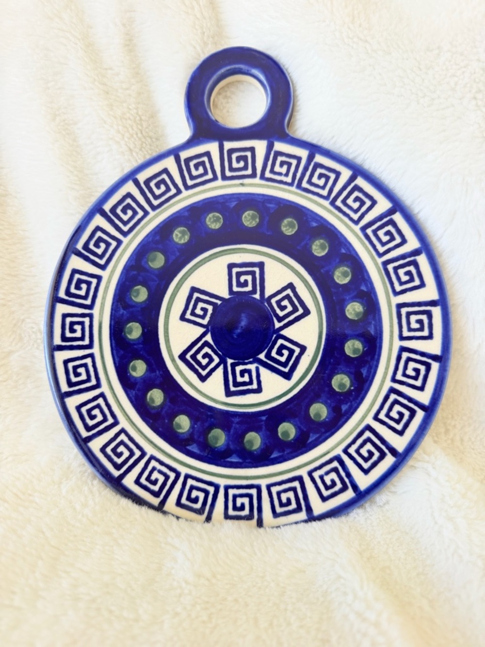 Boleslawiec Poland Ceramic Trivet with Hanging Loop - Greek Key Pattern - Blue